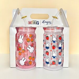 Miffy Pink Strawberry Drinking Glass Set of 2 with Straws